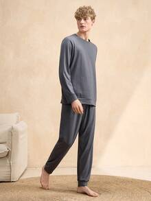 EverLounge Men's Solid Color Minimalist Daily Wear Round Neck Long Sleeve Top And Pants Pajama Set - Dark Grey - View 3
