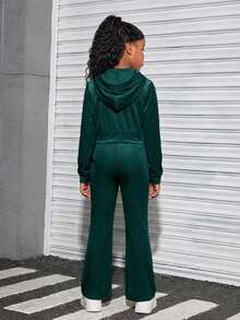 SHEIN Tween Girls' Velvet Hoodie & Sweatpants Set, Casual Sportswear - Green - View 2