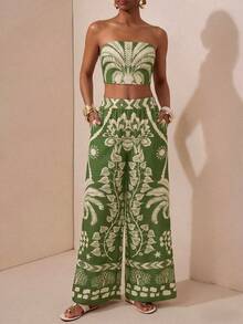 Zivah 春夏新款母亲节/婚礼季/生日派对/日常外出/百搭基础款/休闲度假/邮轮旅行/海滩日光浴/网红热销款/街头风/优雅通勤/商务/女士时尚绿白棕榈印花露肩露脐上衣和阔腿裤套装两件套夏季服装 - 彩色 - 查看 4