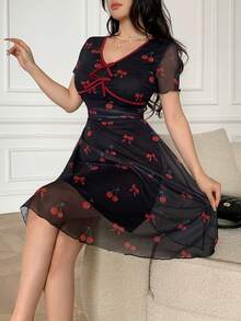 Feyla Women's Elegant Commuter Cherry Print Short Dress, Summer - Multicolor - View 5