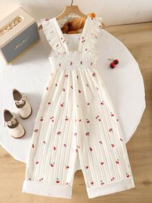 Genkimix Kids 1 pieza Mono de ajuste ceñido con estampado de cerezas vintage casual para niñas, adecuado para actividades al aire libre de verano y uso escolar - Albaricoque - Ver 2