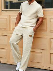 2pcs/Set Teenage Boys Casual Plaid Textured Fabric Zip-Up Polo Shirt Outfit, Suitable For Daily Commute, Leisure And Various Occasions