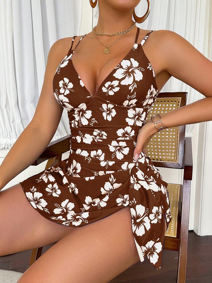 Swim Lushoire 1pc Women's Floral Print One-Piece Swimsuit, Suitable For Beach/Resort - Brown - View 1