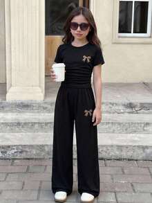 SHEIN Tween Girls Leopard Bow Print Short Sleeve T-Shirt & Long Pants 2 Pieces Set, Casual Daily Fashion Matching Outfit Teen 2 Pieces Pants Set Girls Ribbed Set Girls Pants And Top Flare Pants Set Kids Girls Wide Leg Pants Set - Black - View 6
