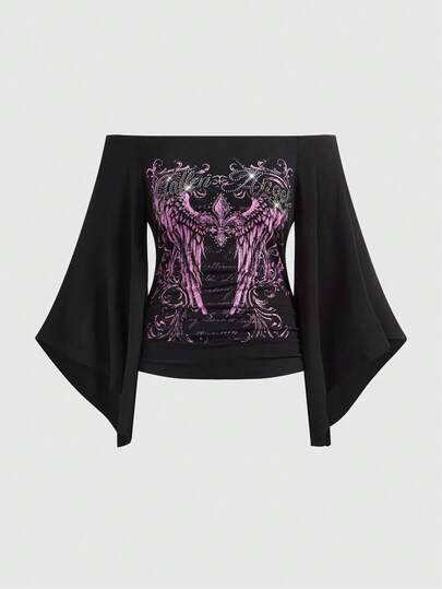 ROMWE Goth Plusstorlek kvinnor gotisk iris blommig ving strass bokstavstryck asymmetrisk ärm blus, off shoulder topp