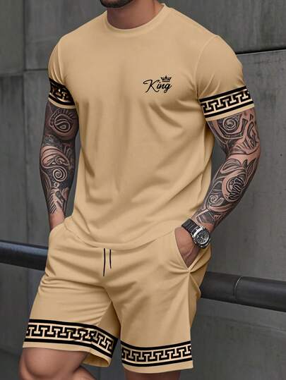 Manfinity Roughcore Men's Letter Print Round Neck Short Sleeve Casual T-Shirt And Drawstring Waist Shorts Set