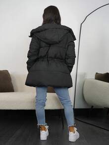 SAYEHFBABY 时尚休闲可调节腰部绗缝连帽加厚棉服外套冬季 - 黑色 - 查看 2