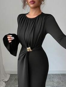Elenzga Women's Solid Color Round Neck Flare Sleeve Waist Decorated Button Long Dress - Black - View 3
