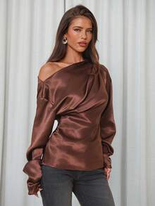 Aloruh Women's Old Money Style Elegant Commuter Asymmetric  Off The Shoulder Cinched Waist Ruched Brown Satin Blouse,Elegant Women's Blouses,Brown Top - Brown - View 5
