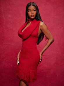 NYA SZN Đầm ngắn tay cổ lọ cổ đổ tua rua ôm sát cơ thể, thích hợp cho lễ hội, kỳ nghỉ, mùa đông, xuân, hè, màu đỏ, sự kiện, tiệc tùng, sang trọng, chất liệu dệt kim, dệt gân, dáng ngắn cho nữ. - Đỏ - Xem 6