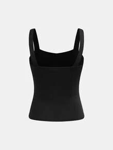 Teen Girls Knit Solid Black Body Fit Tank Top SHEIN Teen Girls Basic Casual All-Match Black Tank Top With Deep U-Neck, Girls Tank Tops & Cami, Summer Streetwear Casual Fitted Tank Tops - Black - View 5