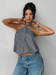 Flirla Women's Fashionable Sexy Striped Halter Backless Top - Grey - View 4
