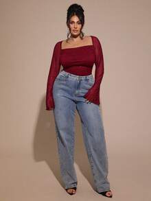 SHEIN BAE 大码女式秋冬针织弹力褶皱连体衣 - 酒紅色 - 查看 4