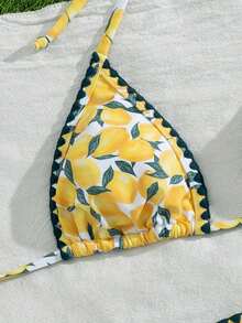 Swim Mod Women's Spring/Summer Beach Music Festival Lemon Print Shell Teeth Lace Cute Halter Thong Back Bikini Set - Multicolor - View 6