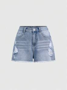 ROMWE 女士浅色水洗做旧牛仔短裤，复古风格毛边裤脚，时尚休闲夏季新款短裤，带3D立体花卉刺绣口袋 - 藍色 - 查看 2