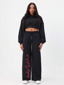 BABYPHAT Baggy Wide Leg Sweatpants With Red Script Logo Print Casual Joggers Drawstring Waist Comfortable Loungewear - Black - View 5