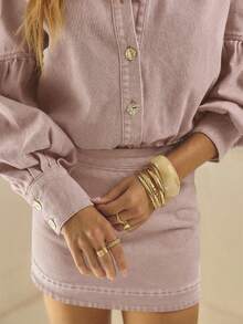 Aralina Women's Solid Color Regular-Shoulder Long Sleeve Front Button Denim Blouse - Dusty Pink - View 5