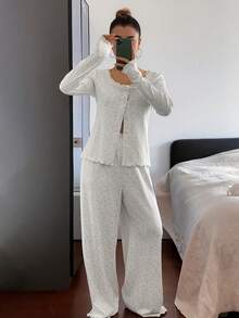Livesso 2pcs Women Ditsy Floral Ruffle Collar Cardigan & Pants Pajama Set - Light Grey - View 4