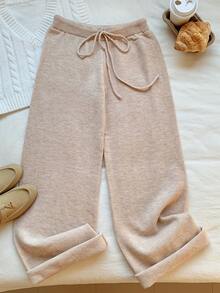 SHEIN EZwear Solid Color Drawstring Casual Loose Sweater Pants In Fall/Winter - Khaki - View 6