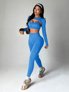 Dewbera Bộ đồ thể thao nữ màu trơn gồm áo hai dây và quần legging. - Màu xanh lam - Xem 8