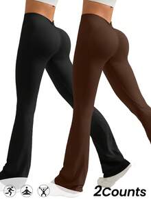 SHEIN Velisys 2pcs Seamless Knit V-Waist Flare Leg Yoga Pants For Women - Multicolor - View 1