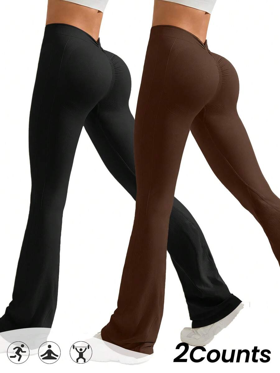SHEIN Velisys 2pcs Seamless Knit V-Waist Flare Leg Yoga Pants For Women - Multicolor - View 1