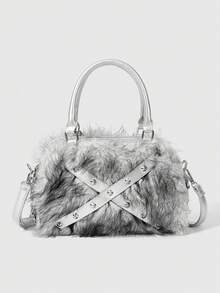 ROMWE Grunge Punk Túi đeo vai giả lông thú và đinh tán phong cách Y2K, túi xách mùa đông sang trọng kiểu Punk cho trang phục mùa thu/đông. - Bạc - Xem 1