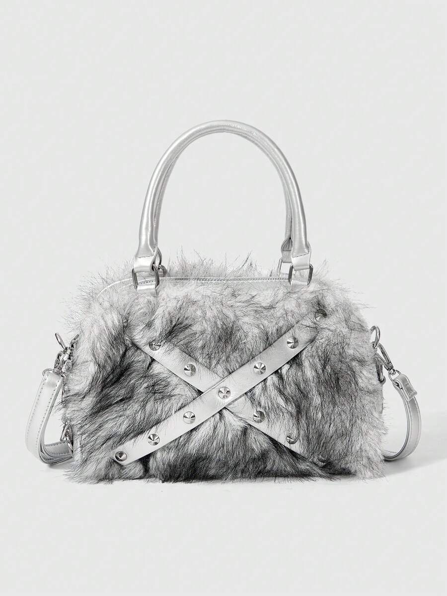 ROMWE Grunge Punk Túi đeo vai giả lông thú và đinh tán phong cách Y2K, túi xách mùa đông sang trọng kiểu Punk cho trang phục mùa thu/đông. - Bạc - Xem 1