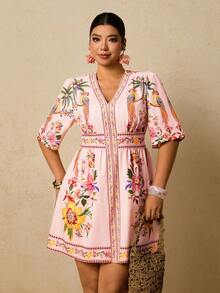 Travachic Plus Size Women V-Neck Short Sleeve Fitted Mini Dress, Pink Floral Print Dress, Romantic Holiday Island Vacation Dress