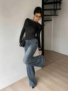 Siren Gaze Damen sexy, romantisch, elegant rückenfreies Pailletten glänzendes Langarm T-Shirt, geeignet für Pendeln, Partys, Jahrestreffen, Dates, Ausflüge, Kombinationen, schick, Neujahrsstimmung