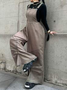 POPSWAY 大码女士休闲连体裤，带口袋、松紧腰带、交叉绑带、牛仔印花、军绿色，适合春夏假期穿着 - 軍綠色 - 查看 4