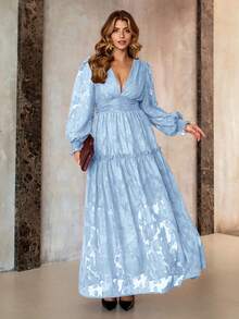 Roveilla 大码优雅法式提花V领褶皱连衣裙，派对装 - 藍色 - 查看 5