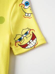 SpongeBob SquarePants | SHEIN Young Boy Cartoon Print Short Sleeve Top And Shorts Snug Fit Pajamas - Yellow - View 3