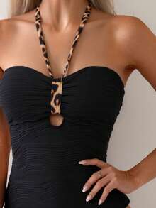 Swim Lushoire Women's Beach Vacation Textured Fabric Random Leopard Print Spaghetti Strap Camisole & Bikini Set - Multicolor - View 4