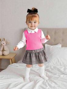 SHEIN Playful Pals Bộ 3 món đồ mặc thường ngày cho bé gái: Áo sơ mi dài tay cổ bẻ màu trắng, áo gile dệt kim màu đỏ và chân váy kẻ caro, thanh lịch và thời trang cho trường học hoặc công sở, mùa thu. - Hồng - Xem 1