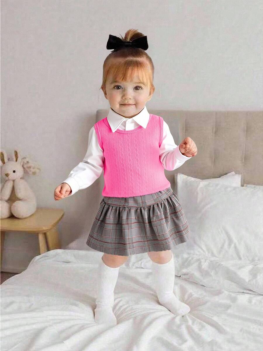 SHEIN Playful Pals Bộ 3 món đồ mặc thường ngày cho bé gái: Áo sơ mi dài tay cổ bẻ màu trắng, áo gile dệt kim màu đỏ và chân váy kẻ caro, thanh lịch và thời trang cho trường học hoặc công sở, mùa thu. - Hồng - Xem 1