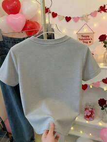Camiseta de algodón para mujer con estampado de corazón en forma de texto amoroso y corazones rojos para San Valentín y ocasiones románticas - Gris - Ver 3
