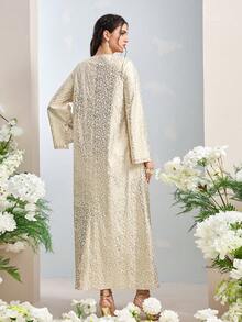 Al Najma 女士V领全印花喇叭袖开襟休闲宽松阿拉伯风格连衣裙 - 彩色 - 查看 2