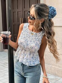 Pariaura 法式复古碎花褶皱上衣 - 女士优雅无袖荷叶边修身春季上衣；甜美优雅碎花褶皱衬衫 - 女士浪漫无袖荷叶边露脐夏季上衣；时尚办公室碎花褶皱上衣 - 女士精致无袖荷叶边修身春季上衣 - 藍白色 - 查看 1