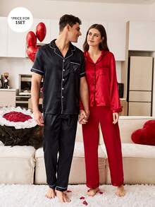 CoupledUp Faux Silk Heart Embroidery Contrast Trim Cardigan Pajama Set For Men Men Night Wear Satin Pajamas Set Sleepwear Set Couple Matching Pajamas Set - Black - View 1