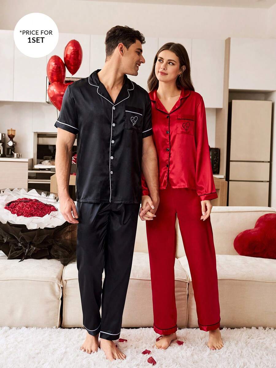 CoupledUp Faux Silk Heart Embroidery Contrast Trim Cardigan Pajama Set For Men Men Night Wear Satin Pajamas Set Sleepwear Set Couple Matching Pajamas Set - Black - View 1