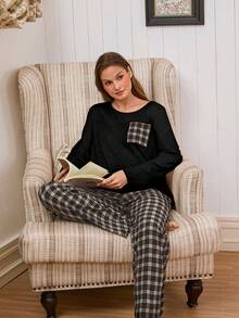 Doze Lane 经典格子圆领长袖长裤女士休闲睡衣套装 - 黑色 - 查看 5