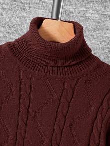 SHEIN Tween Boys' Casual Everyday Versatile Comfortable High Neck Long Sleeve Pullover Knit Sweater - Brown - View 4