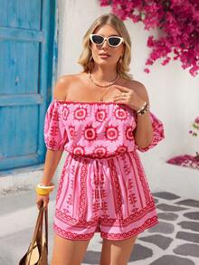 Vivid Eden 大码露肩收腰A字条纹波西米亚风连体裤，适合春夏休闲外出和度假穿着 - 彩色 - 查看 4