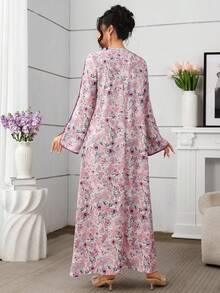 Al Najma 女士V领印花开衩袖休闲度假旅行长袖阿拉伯连衣裙 - 彩色 - 查看 6