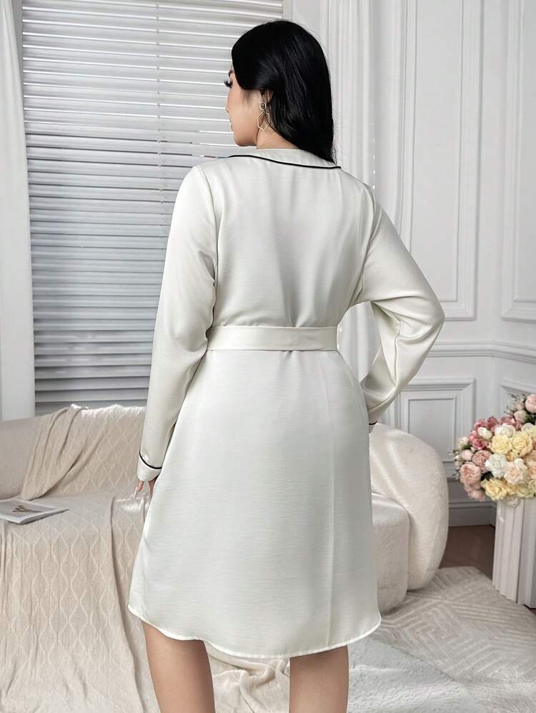 Dazy Plus Fashionable Solid Color Contrast Patchwork Loose Tie Waist Knee-Length Elegant Robe