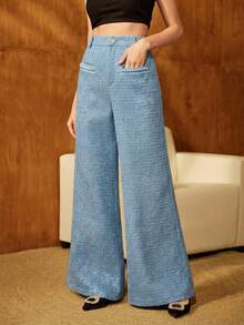 Anewsta Women's French Tweed Sequin Pearl Tassel Ribbon Elegant Metal Buckle Christmas Flare Pants, Suitable For Commuting - Baby Blue - View 2