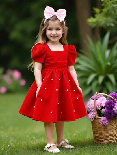 Elladie kids 女童红色纹理面料蚂蚁布连衣裙，饰以珍珠，短泡泡袖，方领，收腰设计，优雅百搭，适合日常穿着、节日、生日等场合，一年四季皆可穿着，春夏秋冬皆宜。