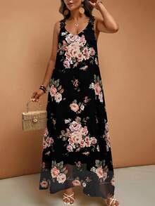 EMERY ROSE Rochie maxi cu imprimeu floral, mărime plus, cu dantelă și bretele subțiri, căptușeală din șifon, elegantă și romantică, primăvară/vară - Negru - Vizualizare 3