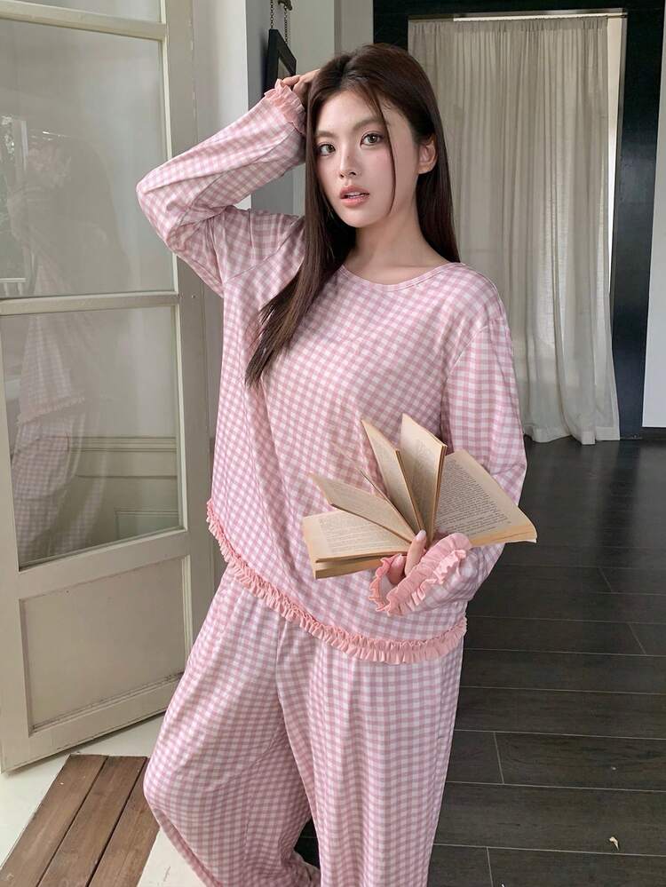 Dazy Plus 2pcs Plaid Pajama Set, Loose Pullover Top And Straight Leg Pants, Casual Sleepwear For Girls, Pink, Spring/Autumn